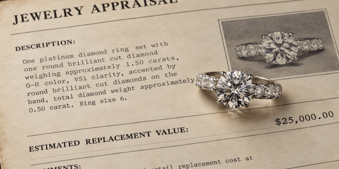 Diamond ring displayed on an old jewelry appraisal showing a $25,000 insurance replacement value, illustrating the difference between appraised value and resale value.